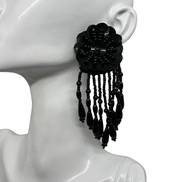 Dramatic Black Flower Sequin Beaded Fringe Statement Earring - Gothic Glamour - Picture 2 of 8